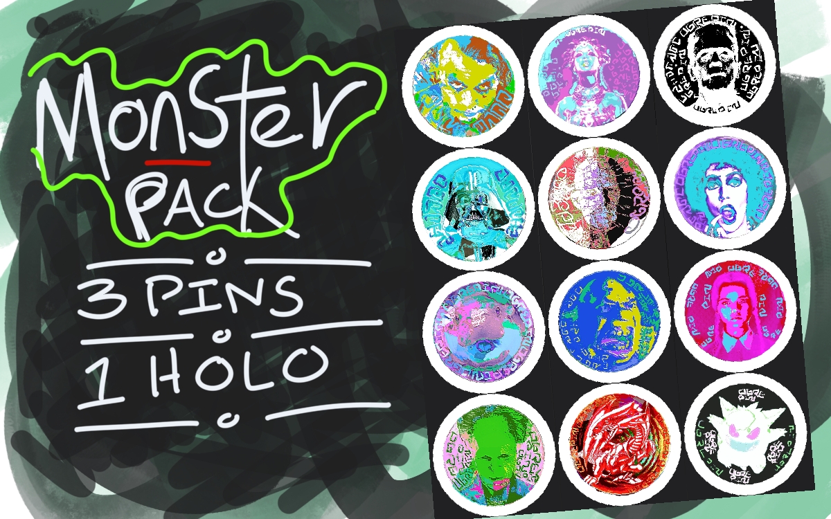 Monsters pack art — 3 random round mylar buttons pulled from 12 monster designs, 1 holo per pack
