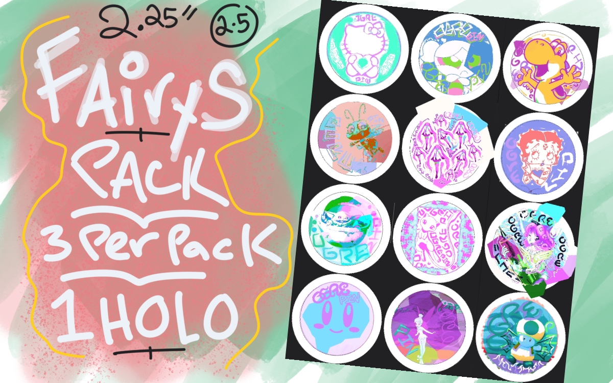 Fairys pack art — 3 random round mylar buttons pulled from 12 fairy designs, 1 holo per pack