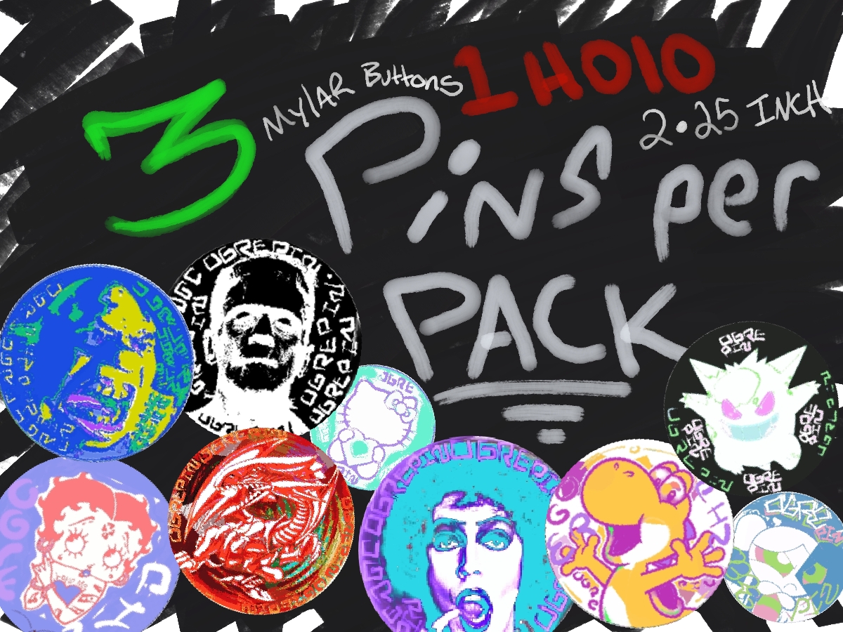 OgrePin hero art — 3 round 2.25 inch mylar buttons per pack, 1 holo guaranteed, sample button designs scattered on a black marker background