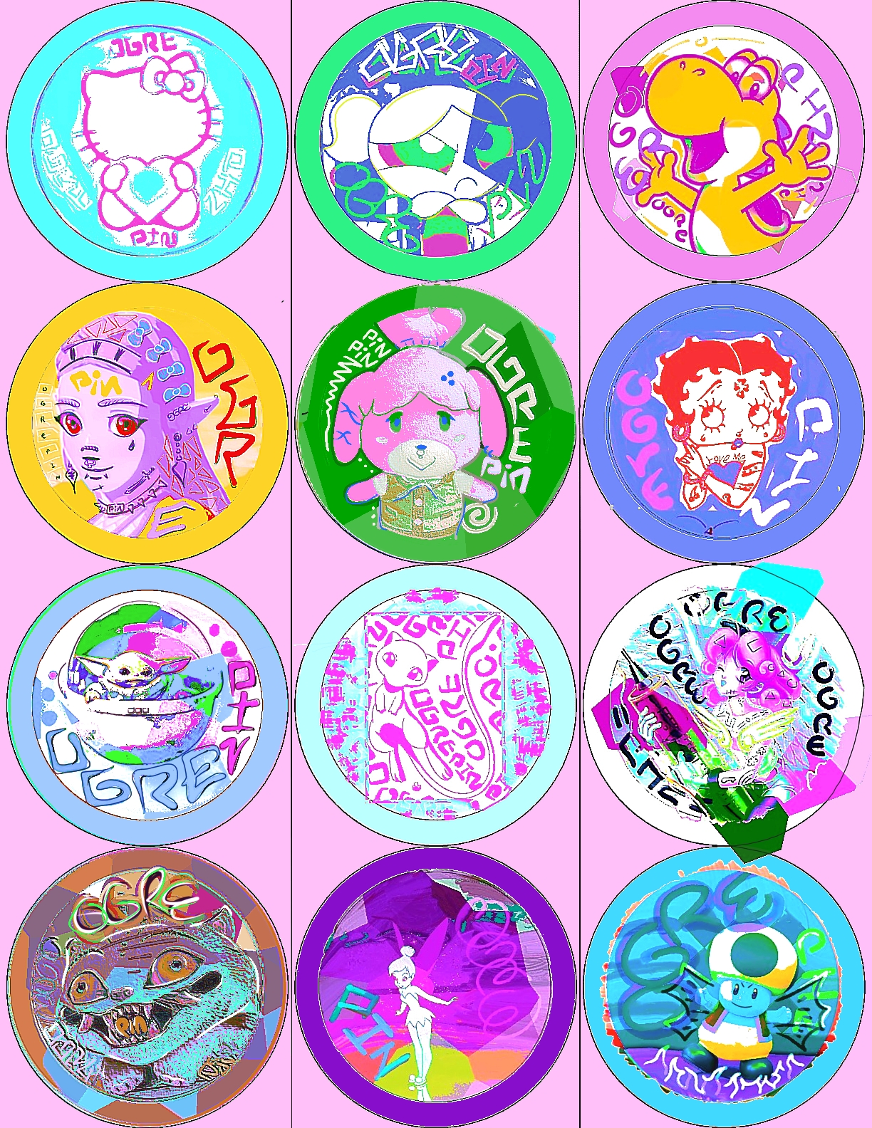 All 12 possible Fairys 58mm Mylar button pin designs