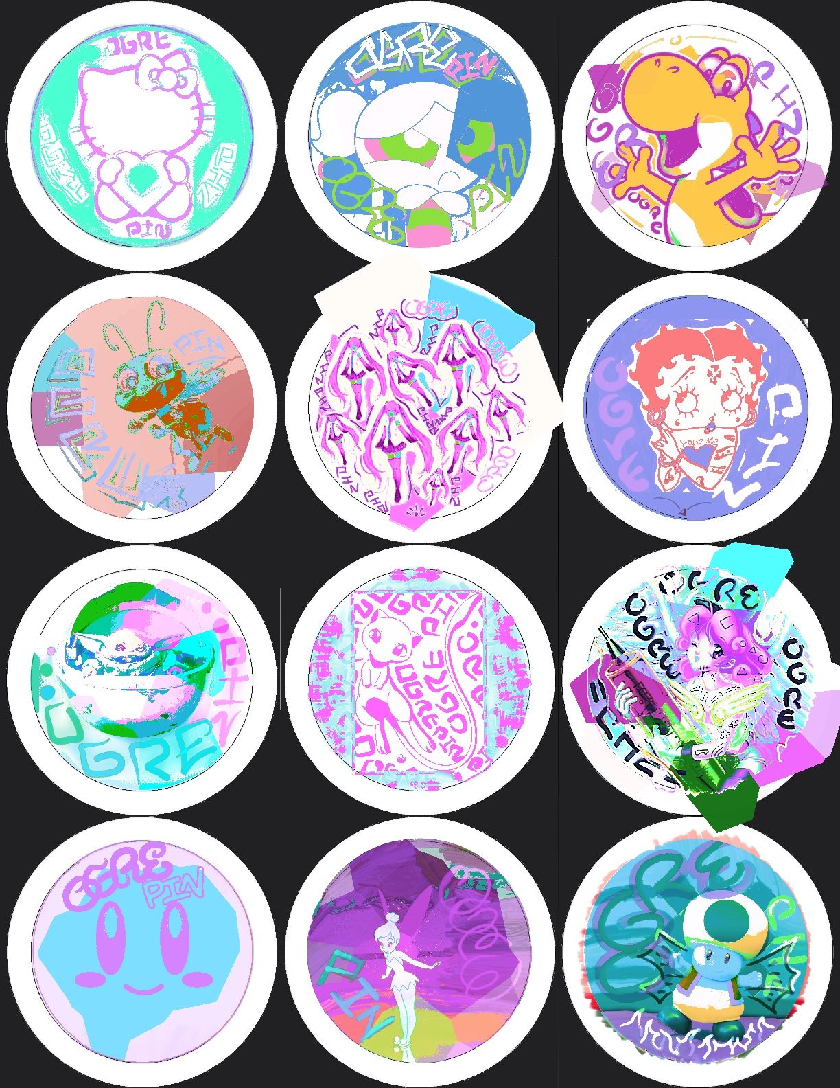 Full Fairys pinsheet — all 12 fairy designs on one 8.5 by 11 inch sheet