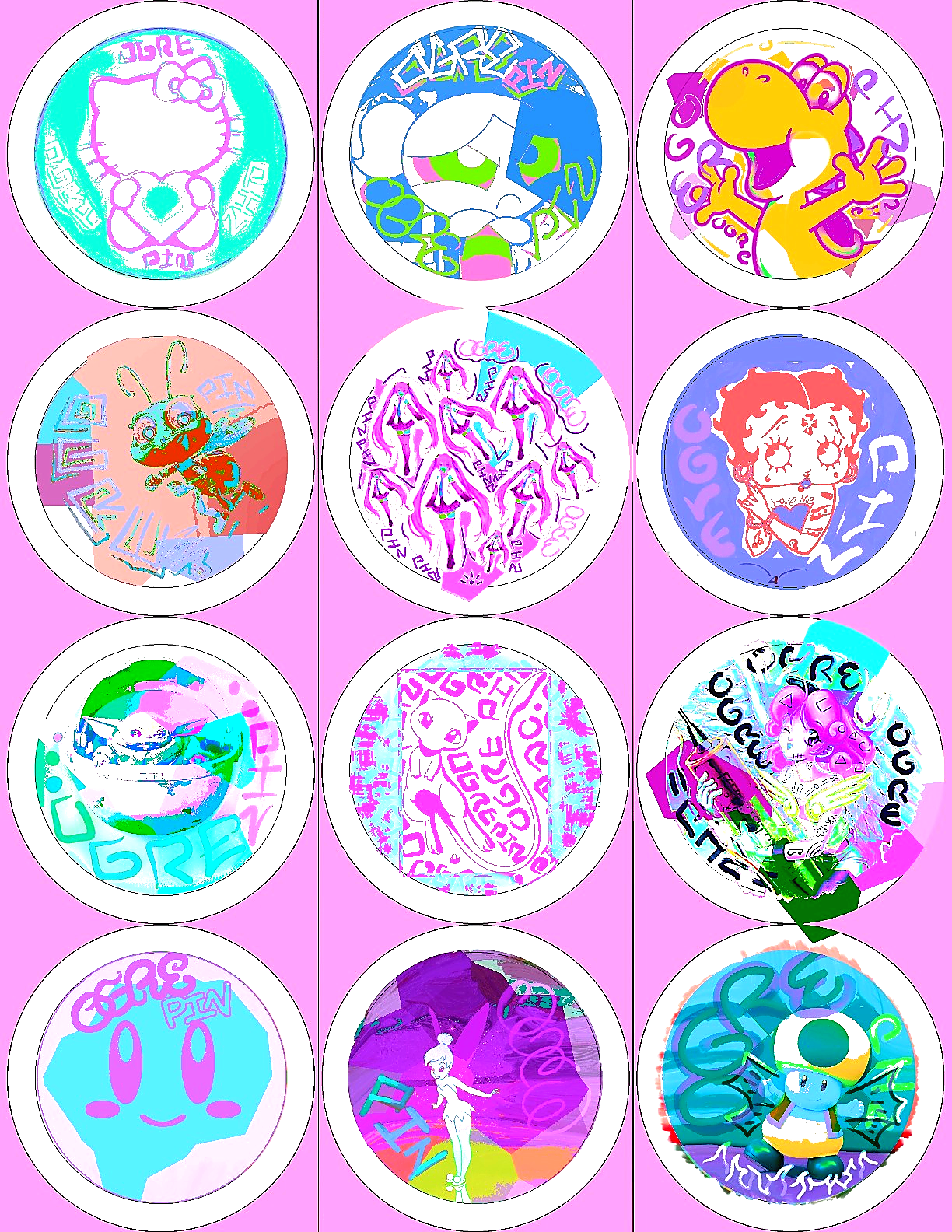Full Fairys pinsheet — all 12 fairy designs on one 8.5 by 11 inch sheet