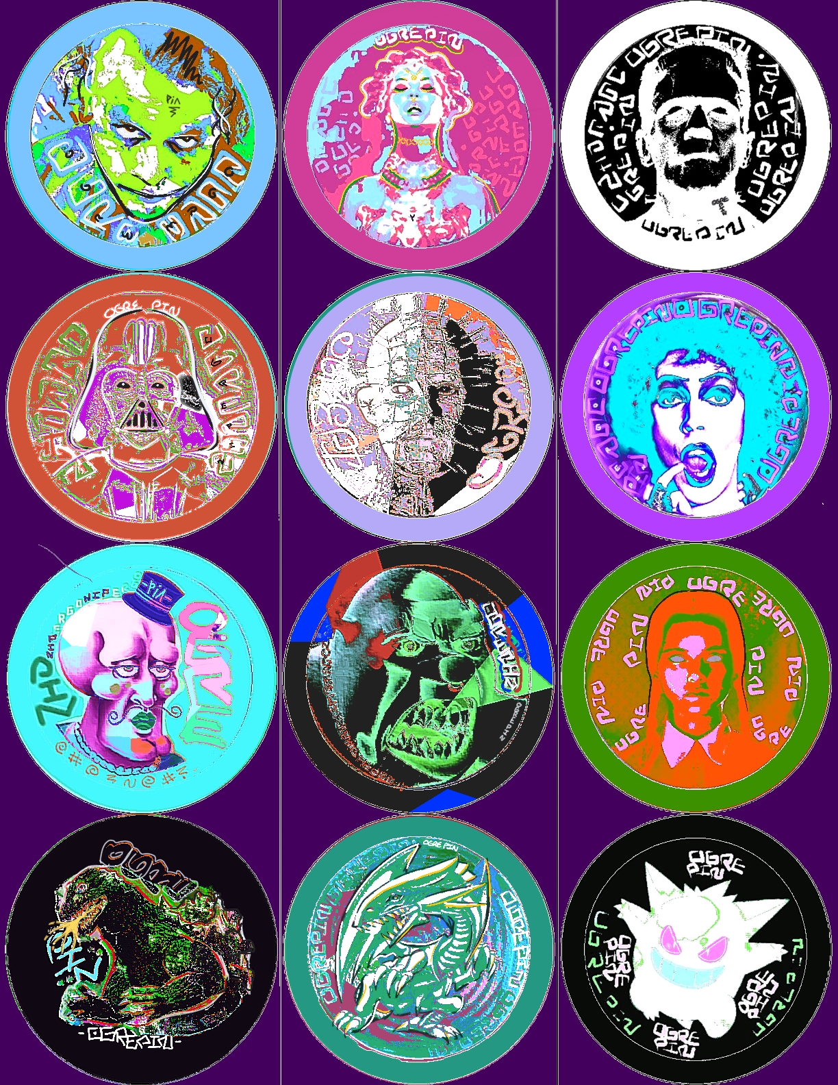 All 12 possible Monsters 58mm Mylar button pin designs
