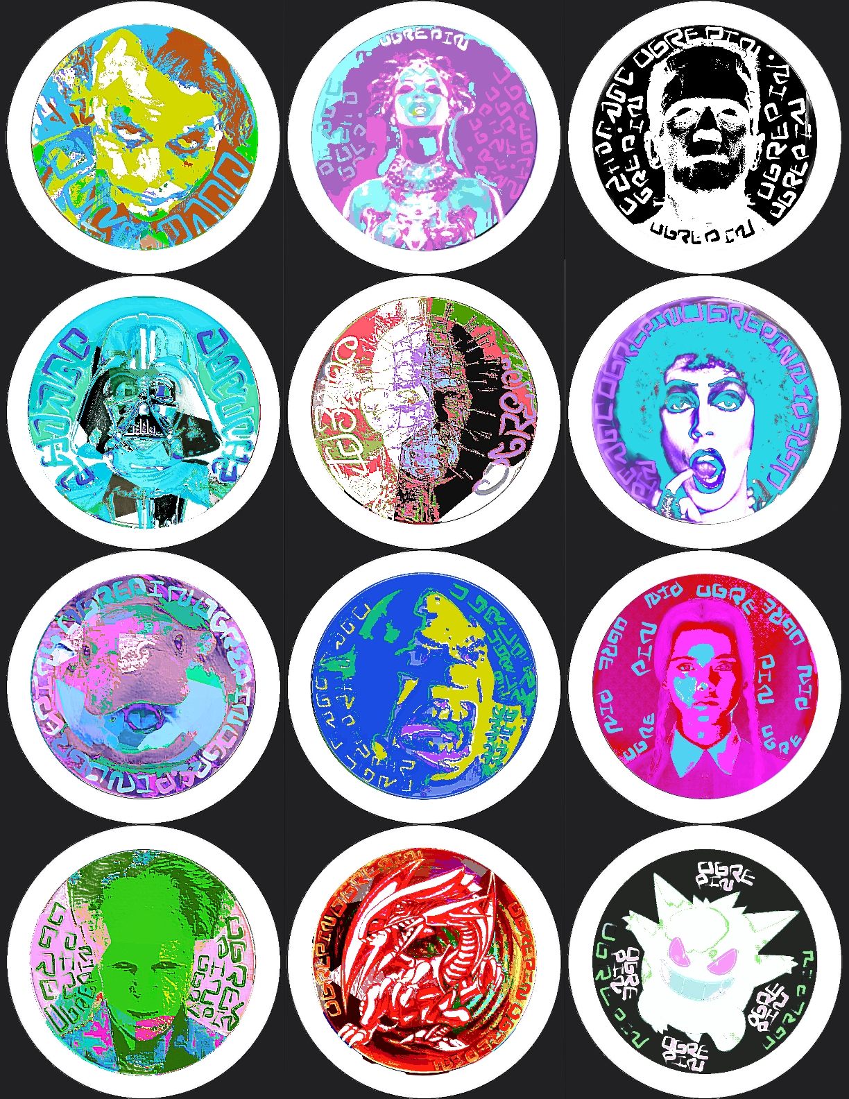 Full Monsters pinsheet — all 12 monster designs on one 8.5 by 11 inch sheet