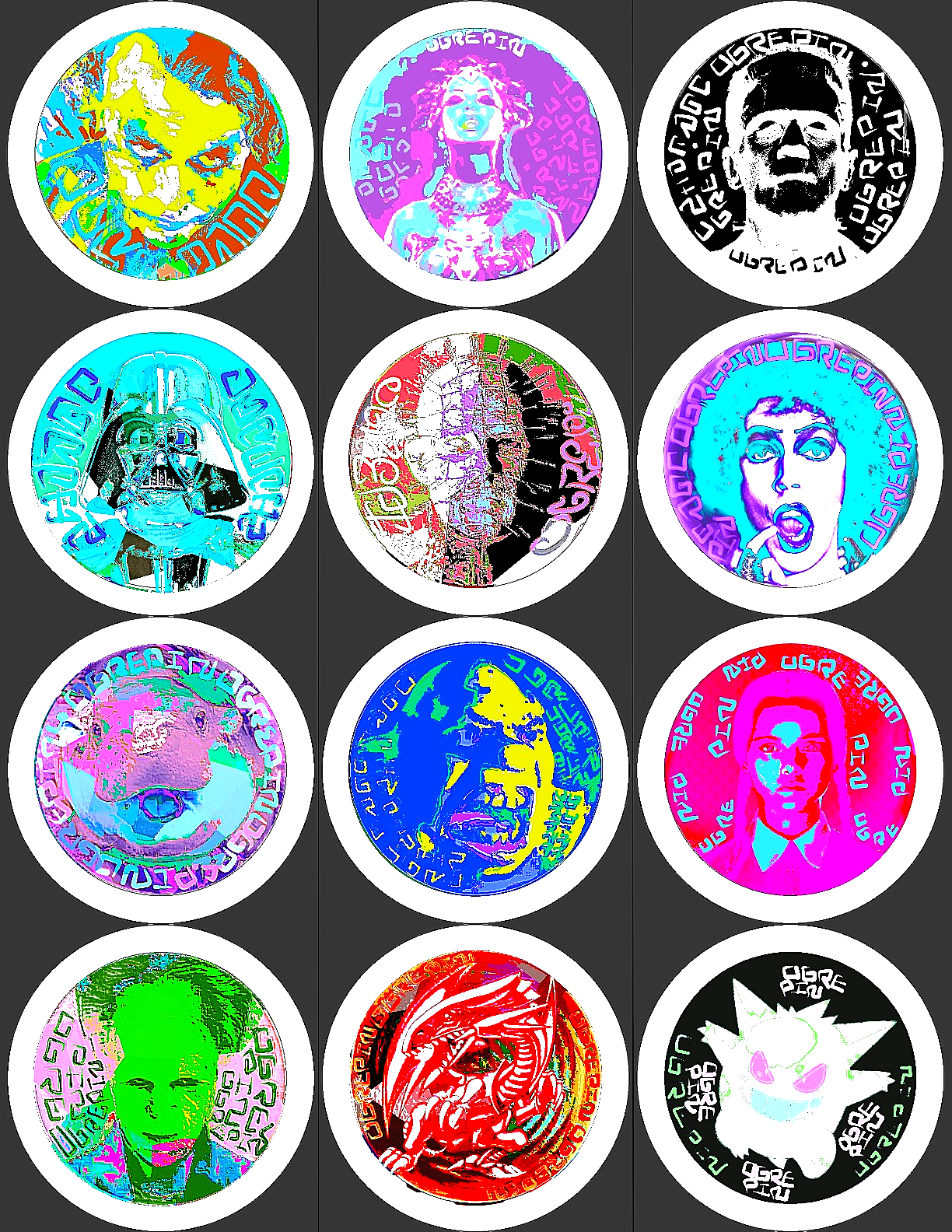 Full Monsters pinsheet — all 12 monster designs on one 8.5 by 11 inch sheet